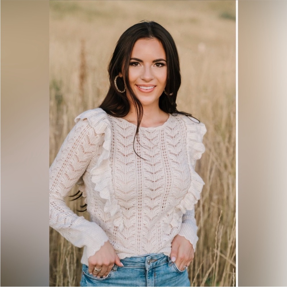 Rachel Parcell Cream Ruffled Knit Pointelle Sweater